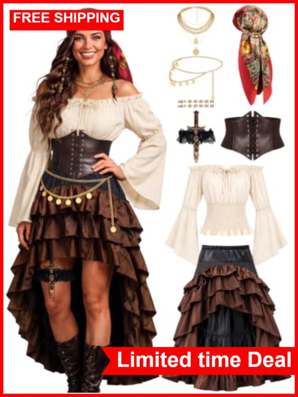 Pirate Costume Women Outfit Renaissance Shirt Skirt Corset Belt 8-Piece Set